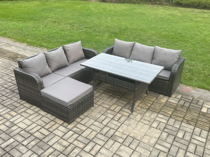 Image of Fimous Rattan Garden Furniture Set with Oblong Dining Table Big Footstool 4 Pieces Outdoor Lounge Sofa Set Dark Grey Mixed Dark Grey Unisex