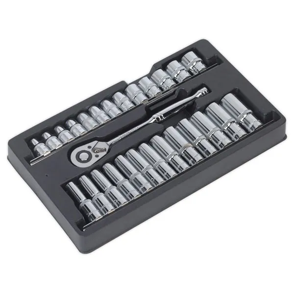 image of Genuine SEALEY AK66483 Ratchet Wrench & Socket Rail Set 27pc 1/2Sq Drive