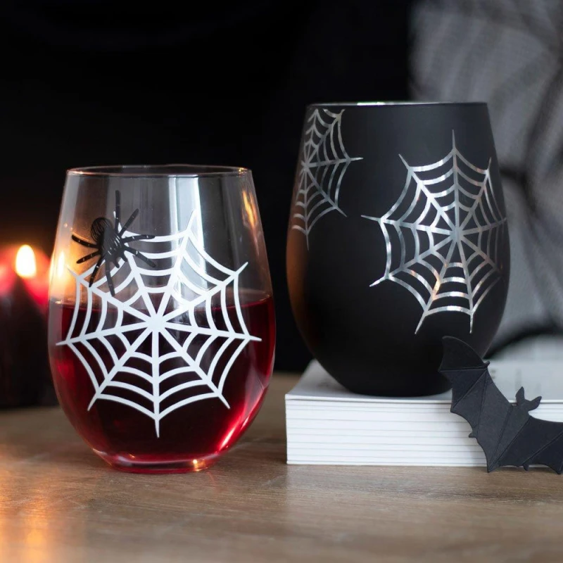 Image of KDMD Set of 2 Spider and Web Stemless Wine Glasses Black