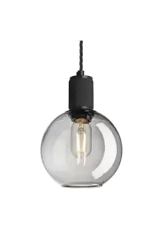 image of Knurled Tinted Glass Globe Pendant Light, 7 Inch, Smoke Grey, Black Holder