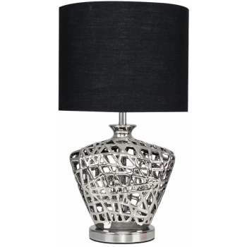 image of Kalvin Lattice Vase Table Lamp in Silver with Drum Shade - Black