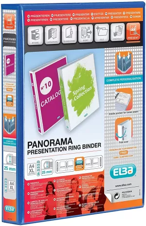 image of Elba Panorama A4 Presentation Ring Binder PVC 4 D Ring 65mm Capacity Blue Pack of 4