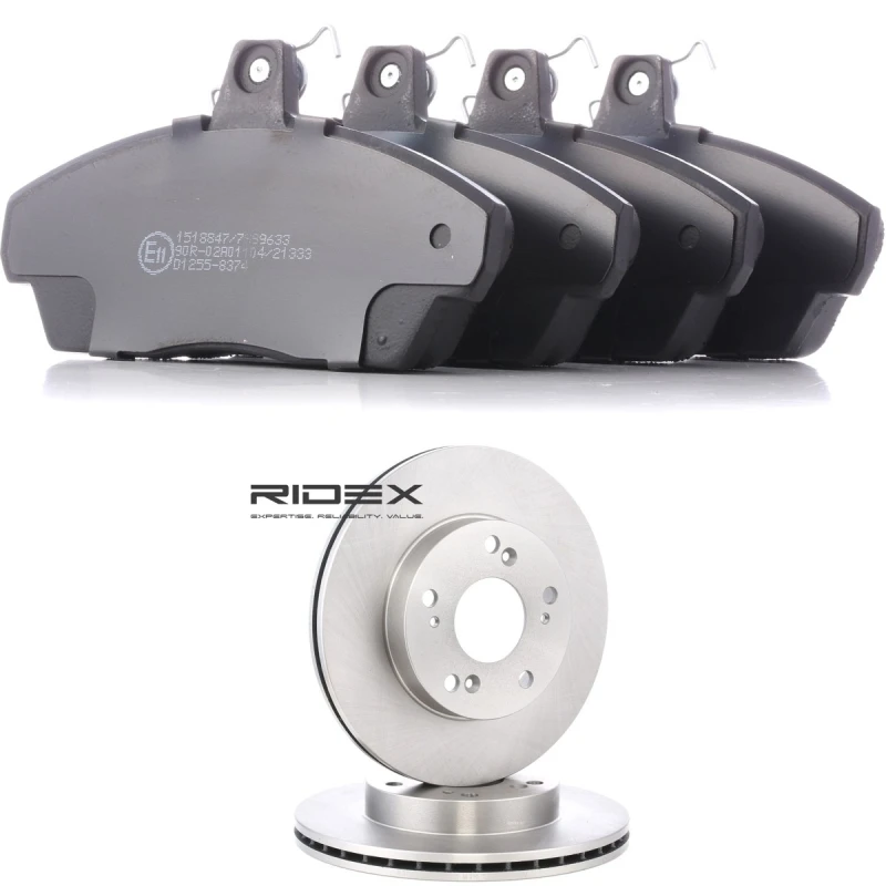 Image of RIDEX 3405B3041 Brake disc and pads set Front Axle, Brake Disc Type: internally vented, with acoustic wear warning Brake Set,disc brakes (3405)