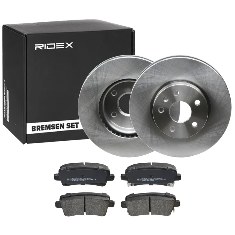 Image of RIDEX 3405B1343 Brake disc and pads set Rear Axle, Brake Disc Type: internally vented, with acoustic wear warning Brake Set,disc brakes (3405)