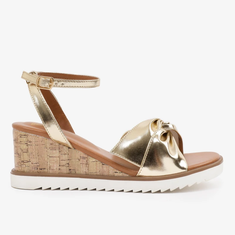 Image of Where's That From 'Qween' Knot Detail Wedge Shoes With Buckle Ankle Strap Gold