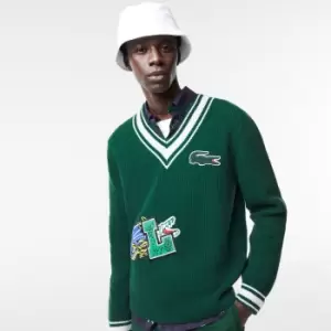 Image of Mens Lacoste Holiday Comic Badge Striped V-Neck Sweater Size 6 - XL Green / White
