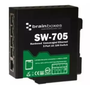 image of Brainboxes Ethernet Switch, 5 RJ45 port, 5 30V dc, 100Mbit/s Transmission Speed, DIN Rail Mount Mount