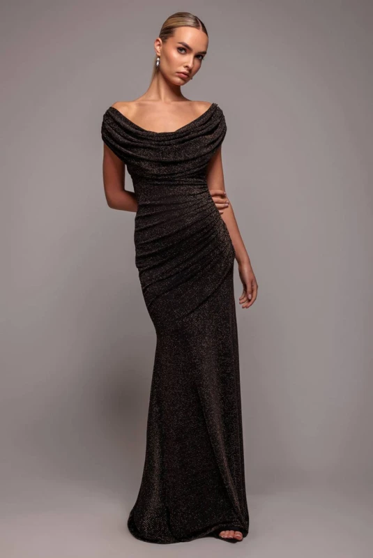 Image of Goddiva Womens Sparkle Lurex Cowl Neck Off-The Shoulder Maxi Dress in Black Size: 8 Black Female 8