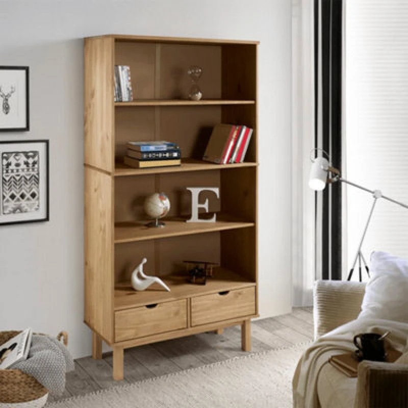 Image of Vidaxl Bookcase Otta With 2 Drawers Brown Solid Wood Pine, Brown 351303