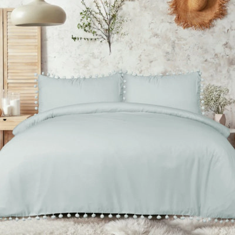Image of Smart Living Smart Living Luxury Super Soft Pom Pom Duvet Cover & Pillowcases in Duck Egg Blue Size: Single Duck Egg Blue Single Unisex 505624275009