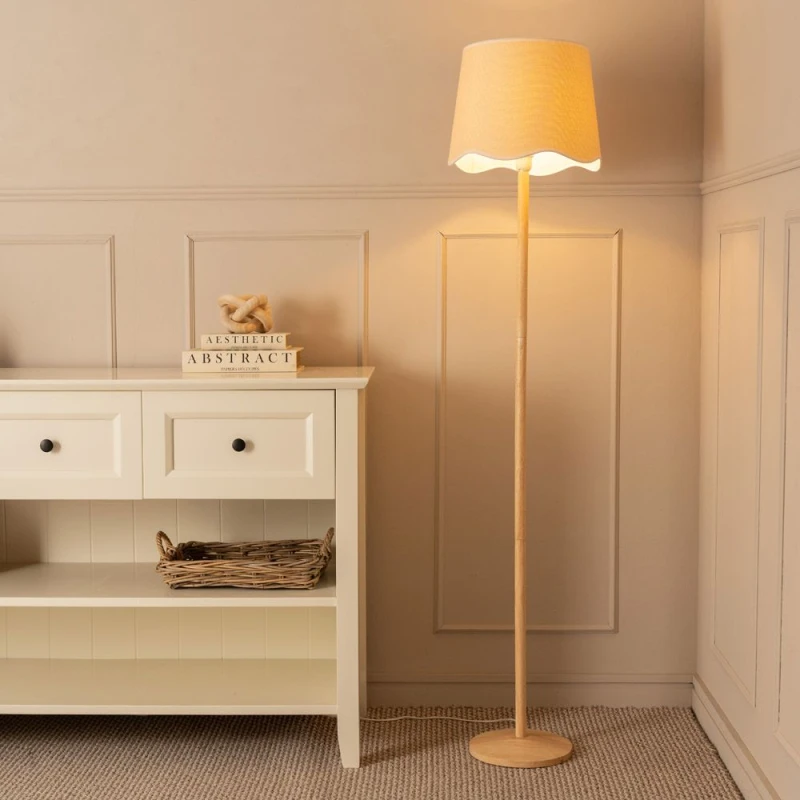 Image of ValueLights Triston Natural Light Wood Stem Floor Lamp with Scallop Trim Tapered Lamp Shade White