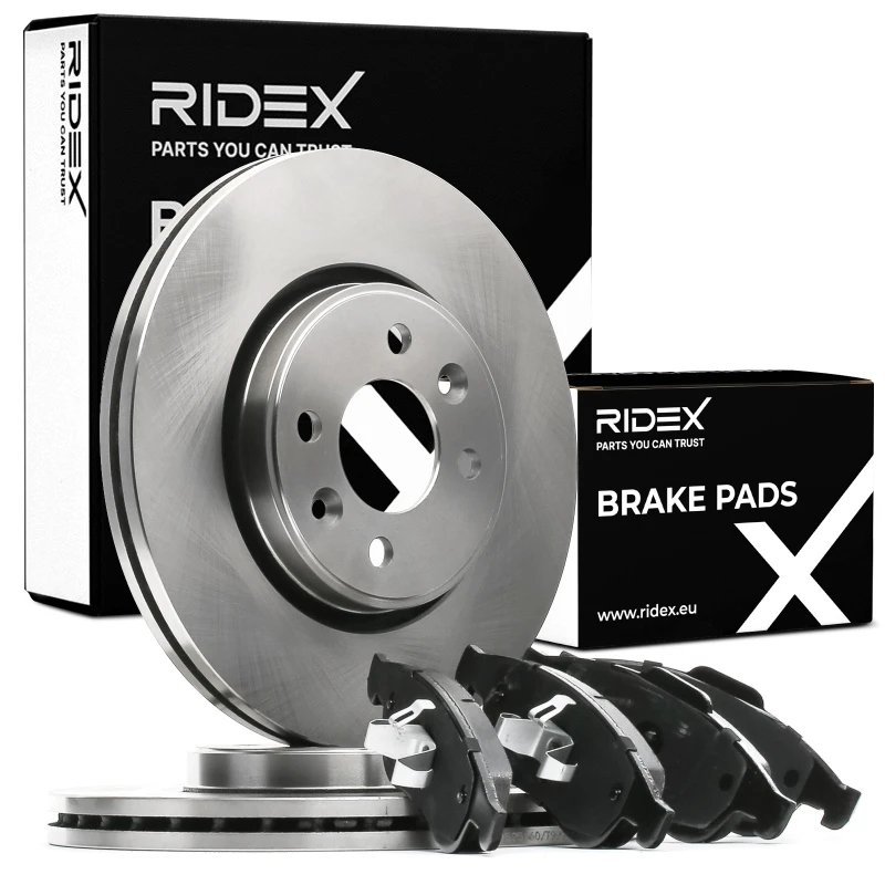 Image of RIDEX 3405B1067 Brake disc and pads set Front Axle, Brake Disc Type: Vented, not prepared for wear warning indicator, with piston clip Brake Set,disc