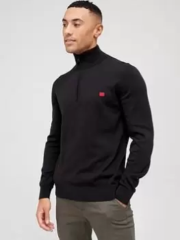Image of HUGO San Quintus Quarter Zip Knitted Jumper - Black, Size XL, Men