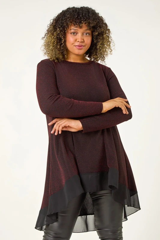 Image of Roman Womens Curve Glitter Chiffon Hem Tunic Top in Red Size: 18 Red Female 18