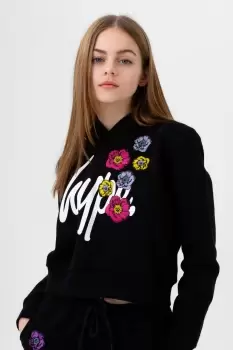 HYPE GIRLS BLACK FLOWER PATCH CROP HOODIE