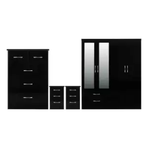 image of Seconique Nevada 4 Door 2 Drawer Wardrobe Bedroom Set - Black Gloss