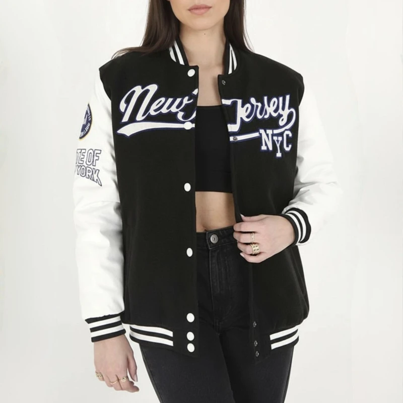 Image of Brave Soul BS Womens Oversized Varsity Jacket with Arm Badge Details Black/White female 8 (XS)
