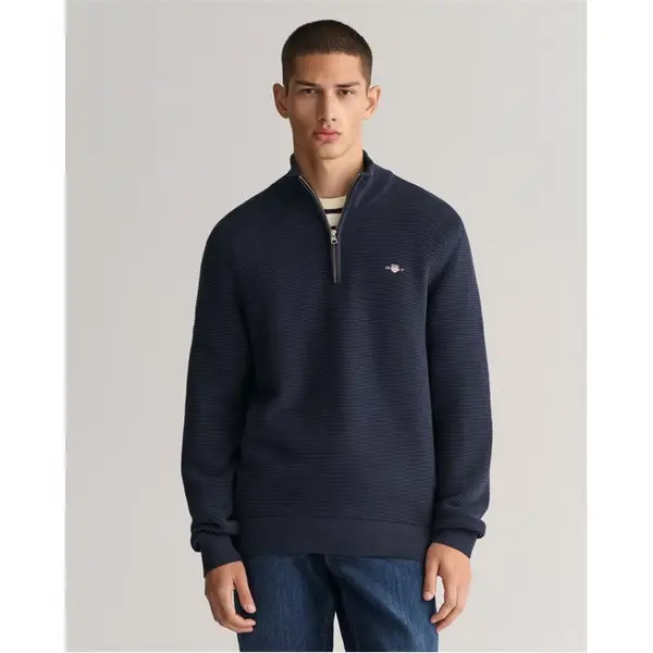 Image of Gant Textured Cotton H-Zip Evening Blue - Blue S