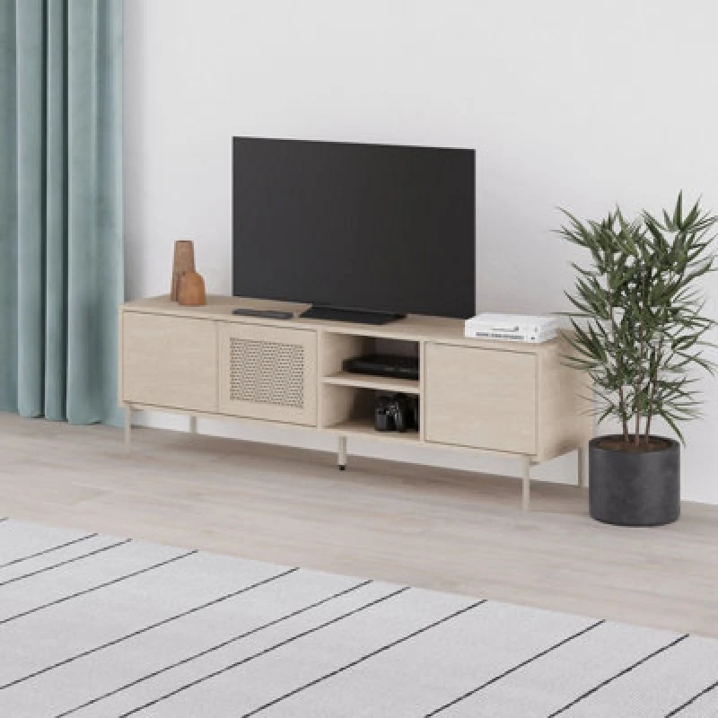 Image of Decortie Modern TV Stand With 3 Doors 2 Shelves & Laser-cut Design 164Cm Sonoma Oak, Cream 8.68363E+12