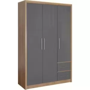 image of Seconique - Seville Grey Gloss & Oak 3 Door Wardrobe with 2 Drawers