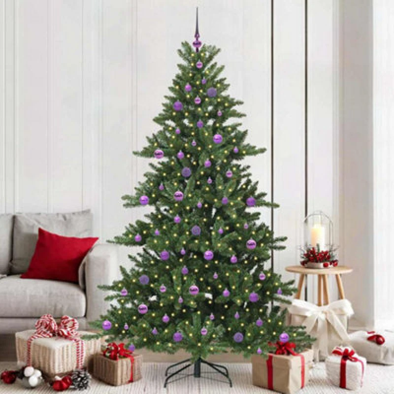 Image of vidaXL Artificial Hinged Christmas Tree with 300 LEDs, Lilac Balls 210cm PVC, Green 3397685