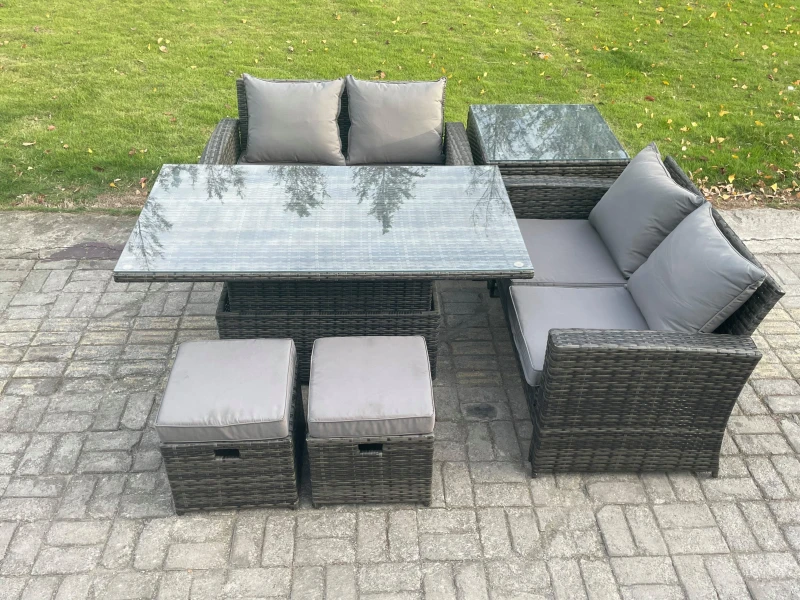 Image of Fimous Garden Furniture Sets Poly Rattan Outdoor Patio Height Adjustable Rising Lifting Table Sofa Dining Set with Side Table 2 Small Footstools Dark