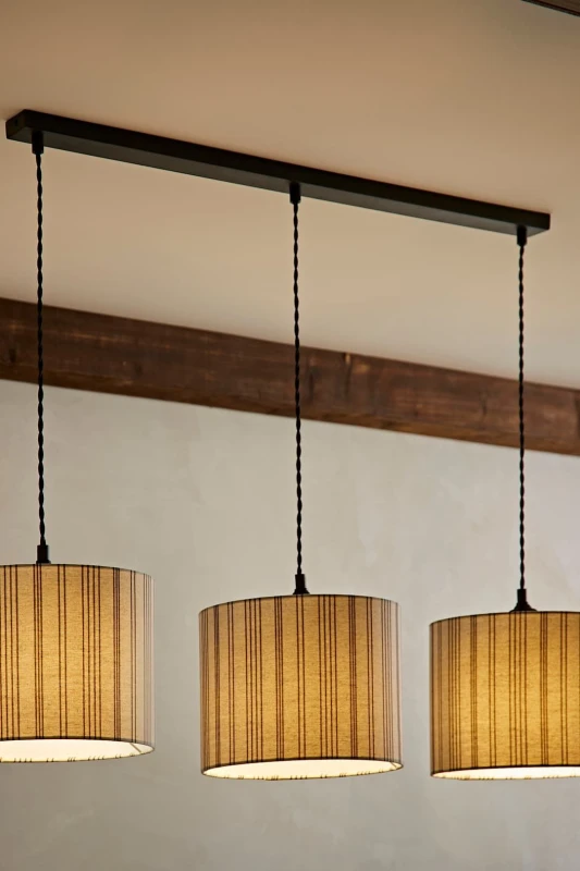 Image of ValueLights ValueLights Hallie Linen Stripe Drum Shade 3 Way Black Diner Ceiling Pendant Light in Natural Natural One Size Unisex 5059406063466