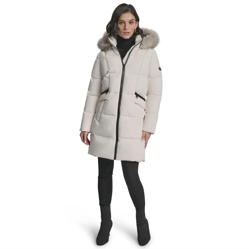 Image of DKNY Womens Quilted Fur Hood Tailored Fit Medium Puffer Jacket Pearl female 8 (XS)