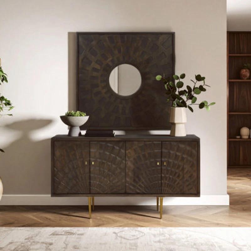 Image of Orsina Boho Carved Mango Wood Wall Mirror, Eco-Friendly Square Mirror With Weathered Finish, Wooden Mirror