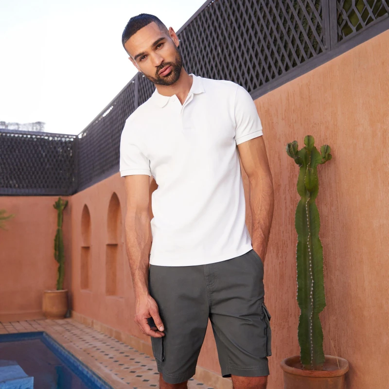 Image of Threadbare Cotton Polo Shirt With Herringbone Detail Collar - White White S