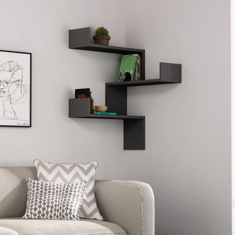 Image of DECORTIE Luksa Corner Wall Mounted Modern Bookcase Display Unit w 60cm Medium - Anthracite Grey - Anthracite Grey - Decortie M.KT.01.12704.10