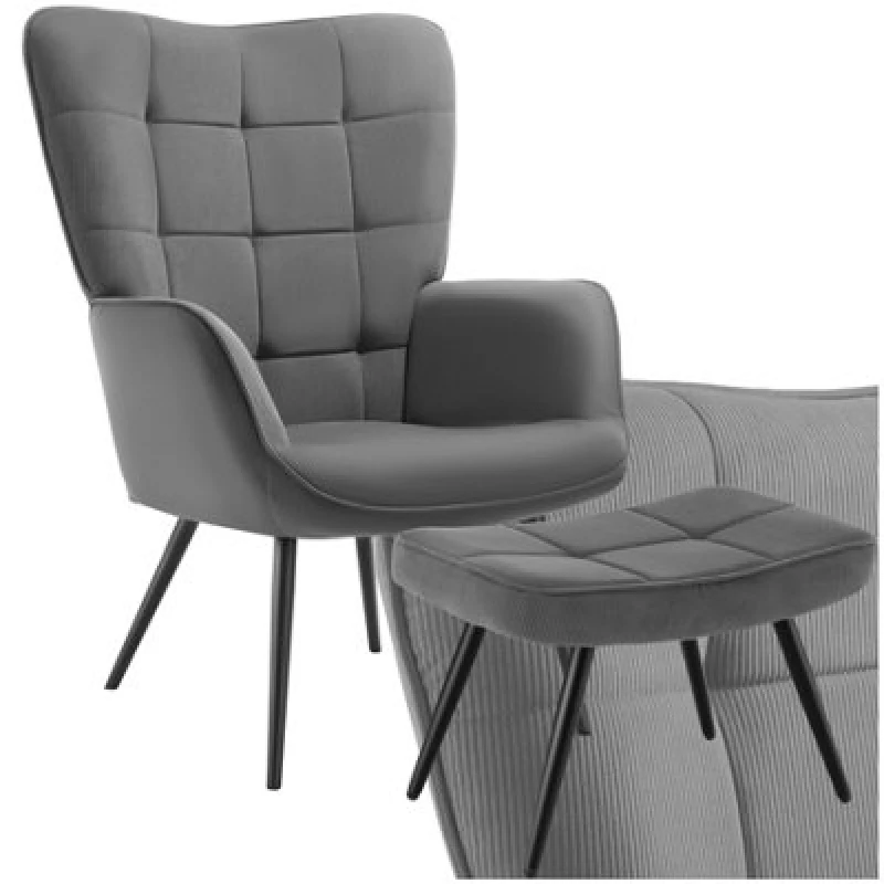 Image of Tectake 1 Armchair Hygge - Padded, Armrests And Ergonomic Backrest, 150 Kg Load Capacity With Stool - Fine Cord Anthracite/black