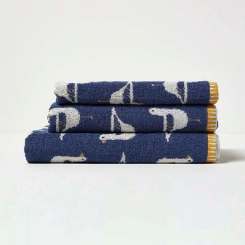 Image of Homescapes Navy Seagull Pattern 100% Cotton Hand Towel