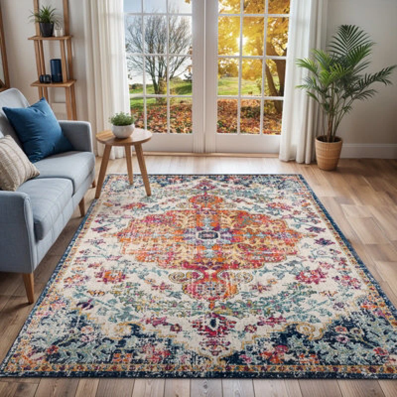 Image of Livabliss Vintage Oriental Boho Saffron/navy Lou Area Rug 200 X 275cm - Easy Care, Non Shedding, Ideal For Living Room & Bedroom