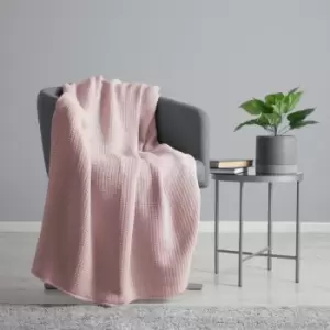 Image of Waffle Weave 100% Cotton Knitted Throw, Blush, 150 x 200 Cm - Belledorm