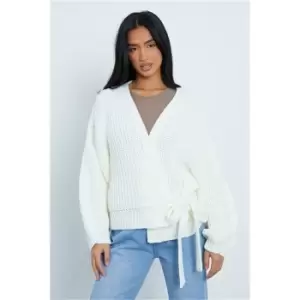 image of I Saw It First Cream Petite Knitted Wrap Over Cardigan - White