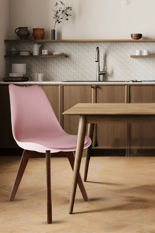 Image of Fusion Living Soho Plastic Dining Chair with Squared Dark Wood Legs Dusty Pink