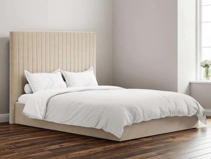 Image of LPD Berlin Tall Beige Velvet Fabric Ottoman Bed Frame - 4ft6 Double