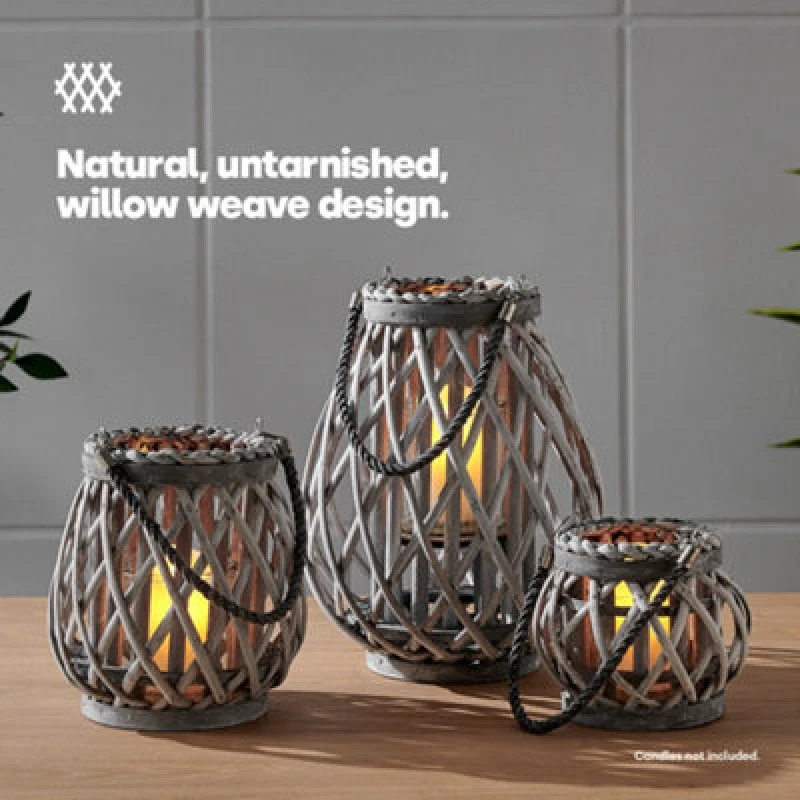 Image of Livivo Willow Lanterns Set Of 3 Grey Wicker Candle Holders With Rope