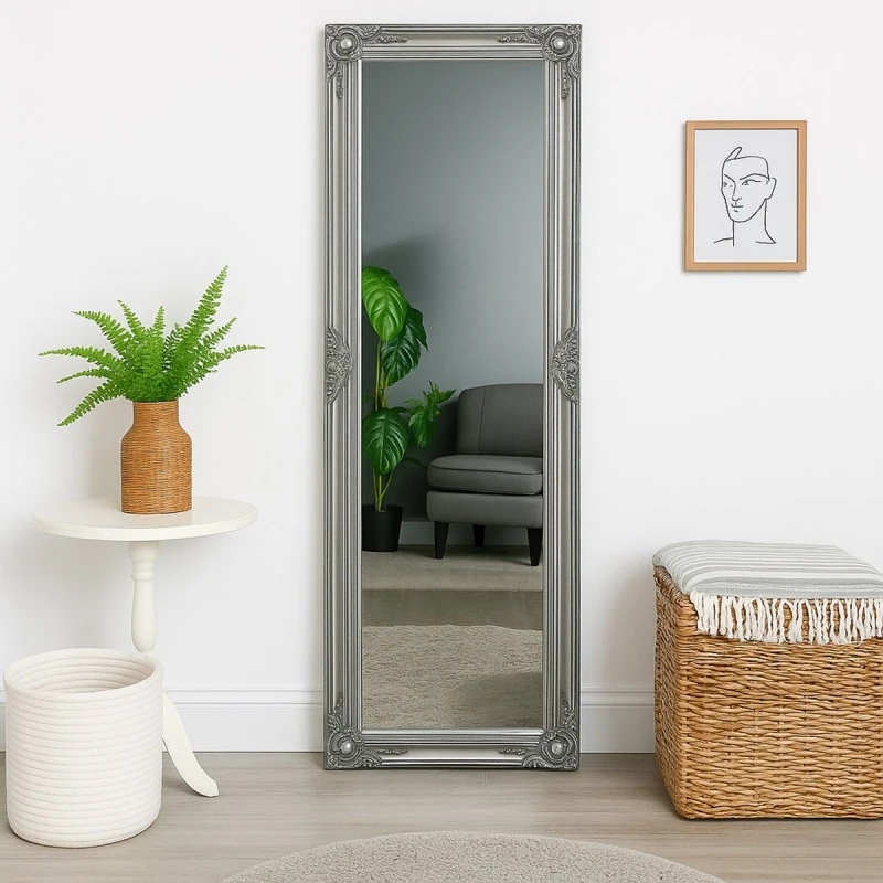 Image of Melody Maison Tall Silver Ornate Mirror 47cm X 142cm Silver