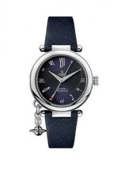 image of Vivienne Westwood Vivienne Westwood Orb Heart Blue And Silver Detail Charm Dial Blue Leather Strap Ladies Watch