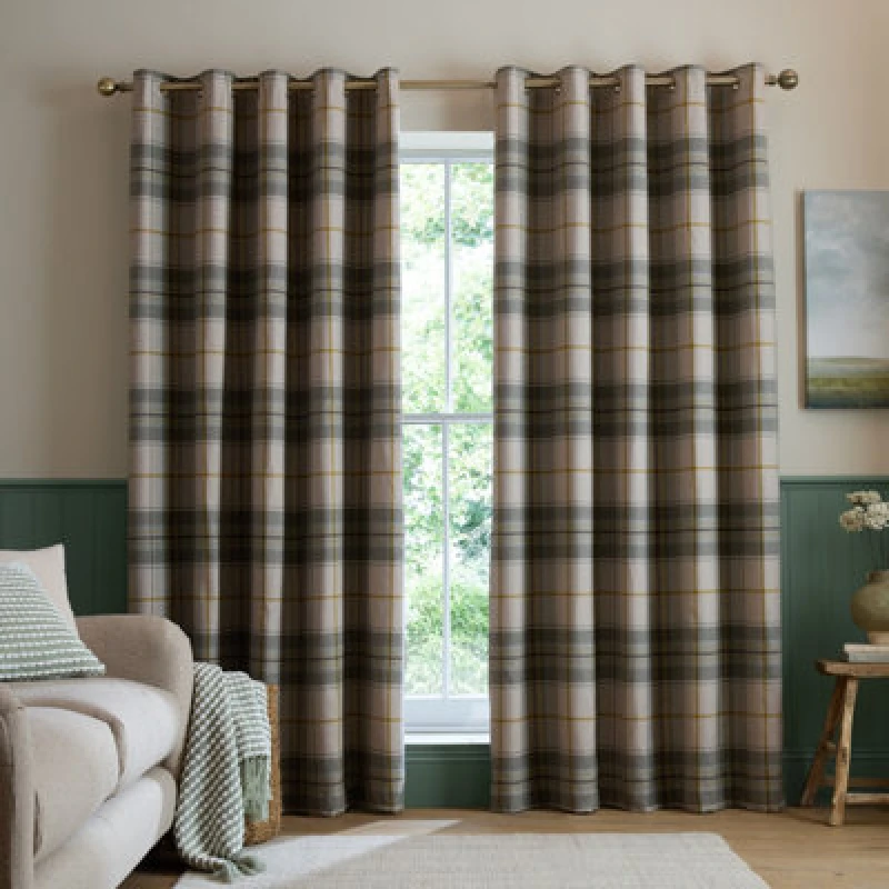 Image of Catherine Lansfield Brushed Woven Glencoe Check Thermal 46X54" Eyelet Curtains Two Panels Green