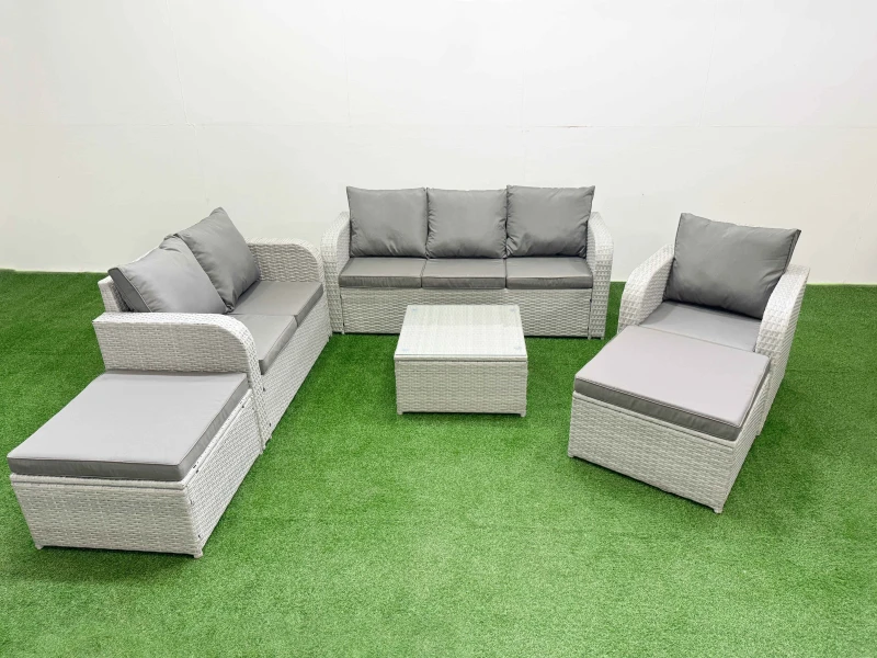 Image of Fimous Patio PE Wicker 8 Seater Outdoor Rattan Furniture Sofa Sets with Reclining Chair Loveseat Sofa 2 Big Footstools Side Table
