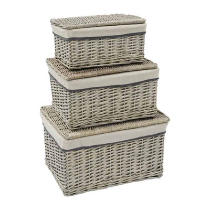 Image of JVL Arianna Rectangular Willow Hamper Basket, Set of 3, Grey Wash Mid Grey