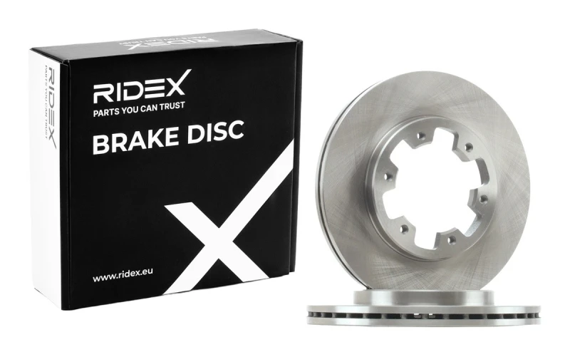 Image of RIDEX 82B0915 Brake disc Front Axle, Vented, Cast Iron, Uncoated, Untreated, without bolts/screws Cast Iron Brake Disc (82)