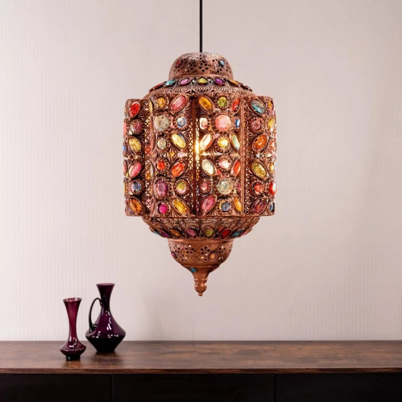 Image of VALUELIGHTS Leyla Moroccan Bazaar Style Bronze Lantern Easy Fit Ceiling Light Shade with Multi Coloured Jewels - Bulb Included B4083