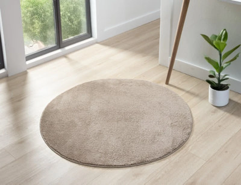 Image of Comfy Washable Low Pile Living Room Area Rug - Anti Slip Felt Backing Beige 100Cm Diameter