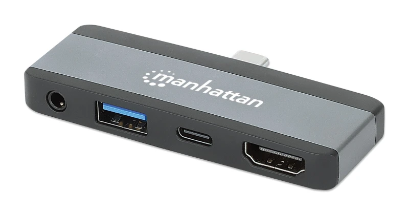 Image of Manhattan Manhattan USB-C Travel Dock/Hub, Ports (x4): HDMI, USB-A, USB-C and 3.5mm audio, With Power Delivery (100W) to USB-C Port, Black/Space Grey,