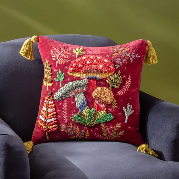 Image of Magic Mushrooms Cushion Ruby Red, Ruby Red / 45 x 45cm / Polyester Filled