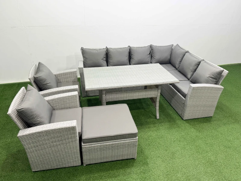Image of Fimous Rattan Garden Furniture Set Outdoor 9 Seater Dining Corner Sofa Set in Light Grey Light Grey Unisex
